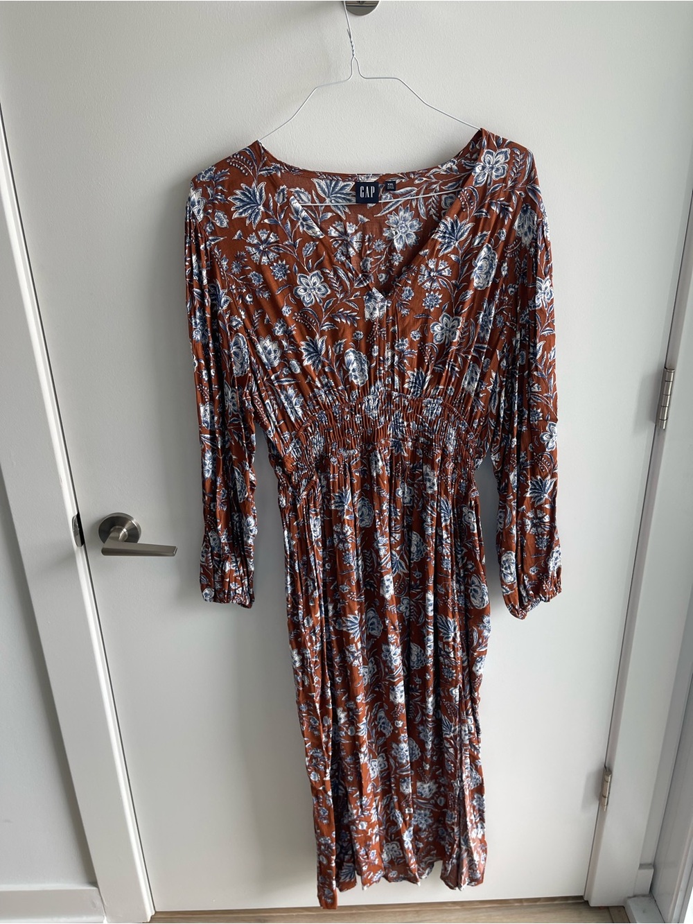 GAP Rust Floral Smocked-Waist Long Sleeve Dress